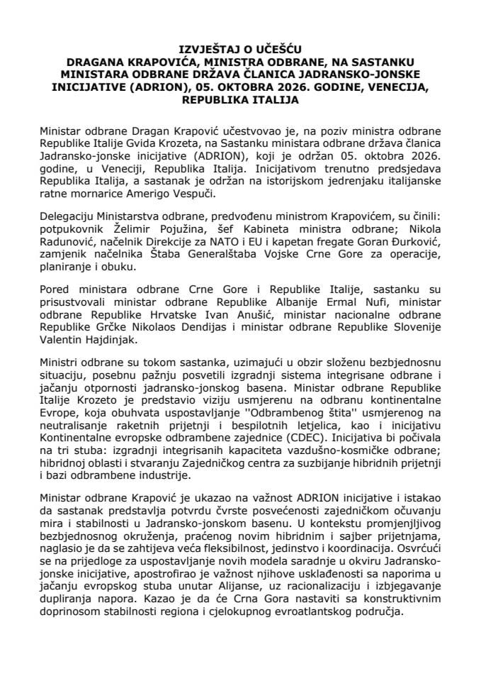 Izvještaj o učešću Dragana Krapovića, ministra odbrane, na sastanku ministara odbrane država članica Jadransko-jonske inicijative (ADRION), 5. oktobra 2026. godine, Venecija, Republika Italija