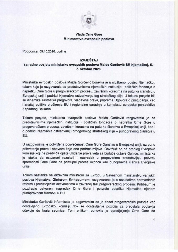 Izvještaj sa radne posjete ministarke evropskih poslova Maide Gorčević SR Njemačkoj, 5-7. oktobar 2026. godine