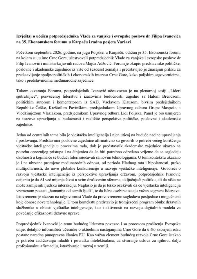 Izvještaj o učešću potpredsjednika Vlade za vanjske i evropske poslove dr Filipa Ivanovića na 35. Ekonomskom forumu u Karpaču i radna posjeta Varšavi