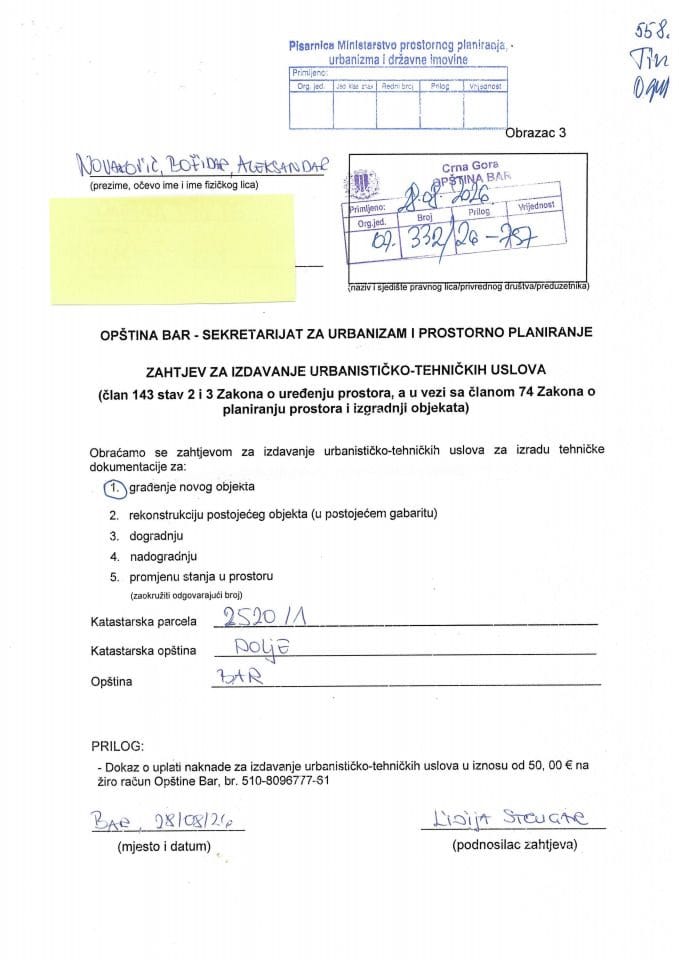 Zahtjevi za izdavanje urbanističko tehničkih uslova - 04-332-26-15013-1 NOVAKOVIĆ ALEKSANDAR BAR