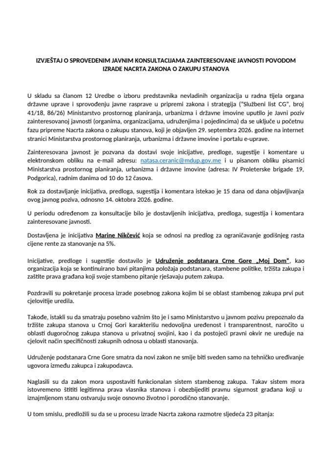 Izvještaj o sprovedenim javnim konsultacijama zainteresovane javnosti povodom izrade Nacrta zakona o zakupu stanova