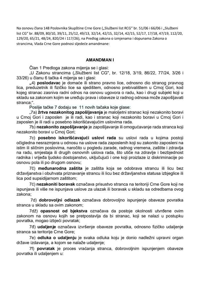 Predlog amandmana na Predlog zakona o izmjenama i dopunama Zakona o strancima