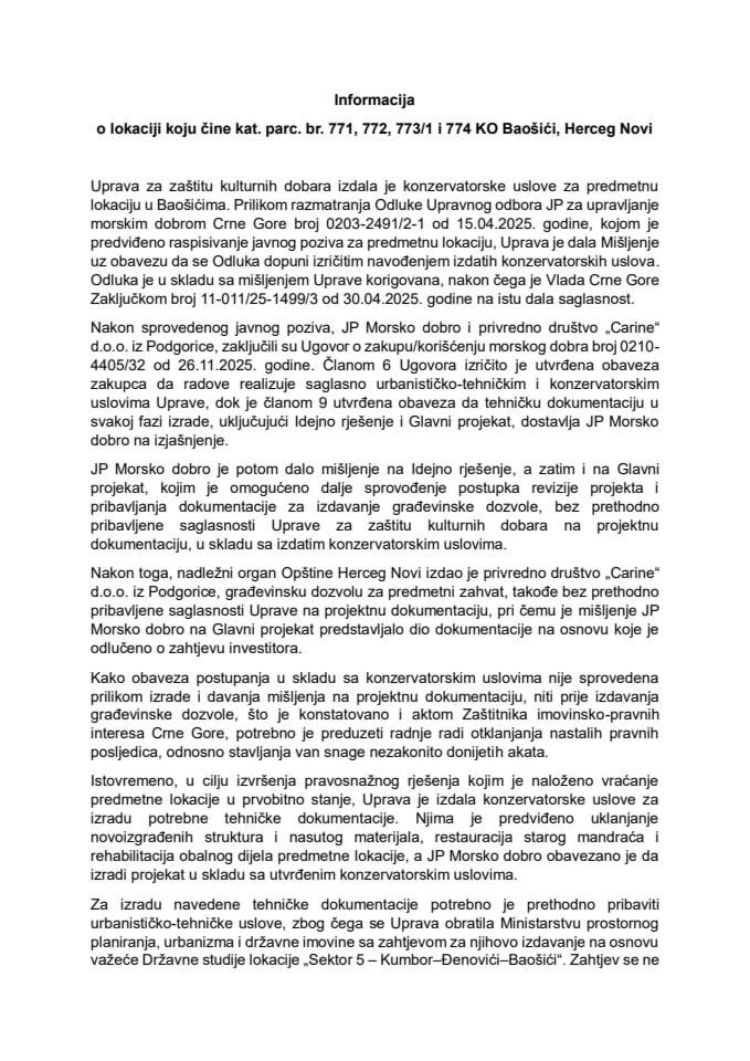 Informacija o lokaciji koju čine katastarske parcele br. 771, 772, 773/1 i 774 KO Baošići, opština Herceg Novi