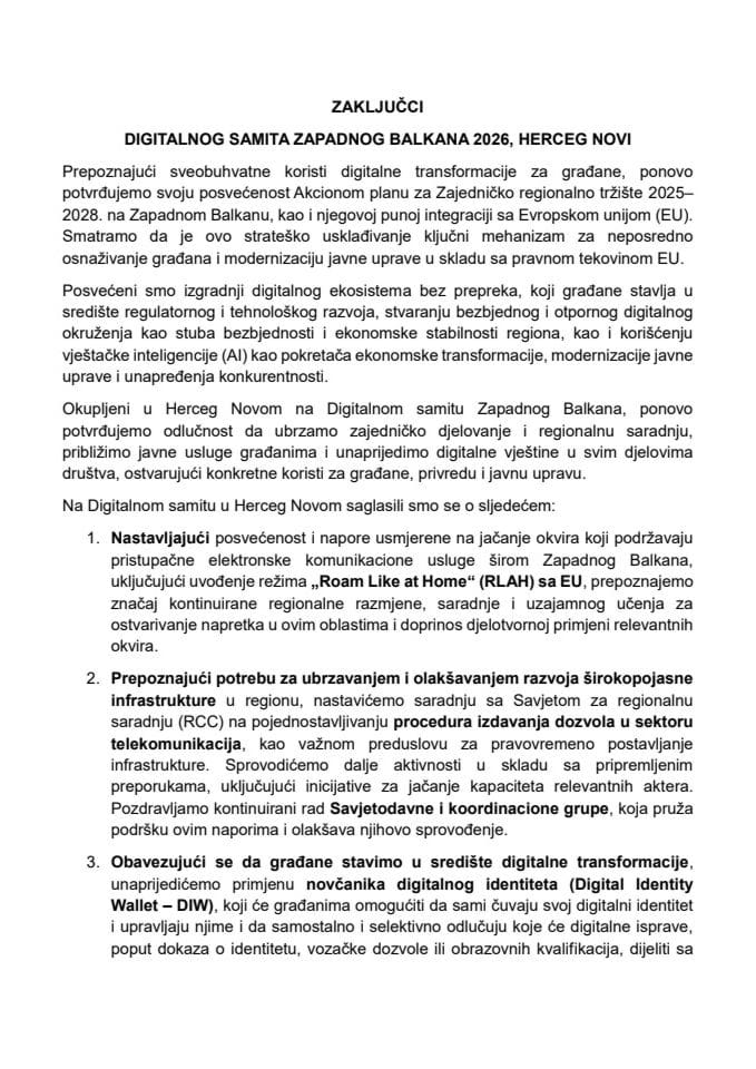 Zaključci VIII Digitalnog samita Zapadnog Balkana 2026 -Herceg Novi