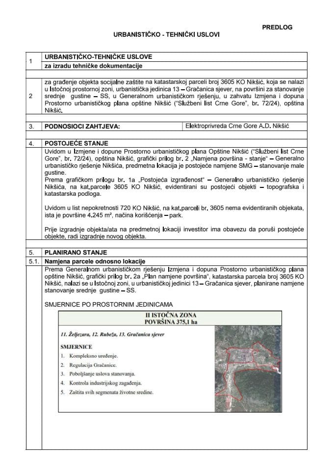 Predlog urbanističko-tehničkih uslova za izradu tehničke dokumentacije za građenje objekta socijalne zaštite na katastarskoj parceli broj 3605 KO Nikšić