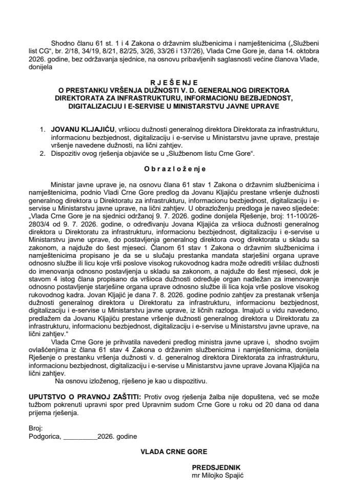 Predlog za prestanak vršenja dužnosti v. d. generalnog direktora Direktorata za infrastrukturu, informacionu bezbjednost, digitalizaciju i e-servise u Ministarstvu javne uprave