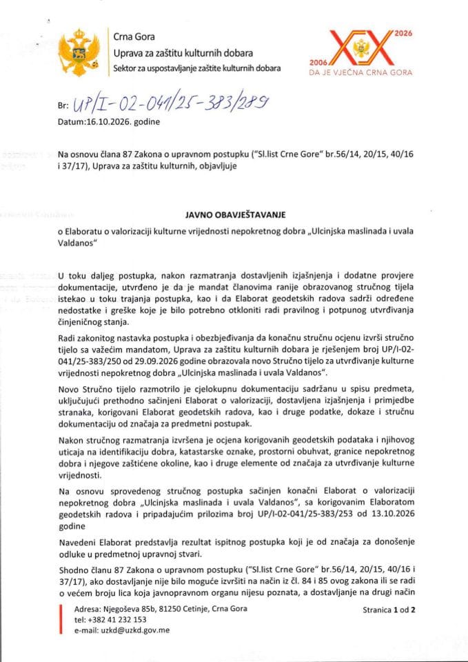 Javno obavještenje o Elaboratu o valorizaciji Ulcinjska maslinada i uvala Valdanos