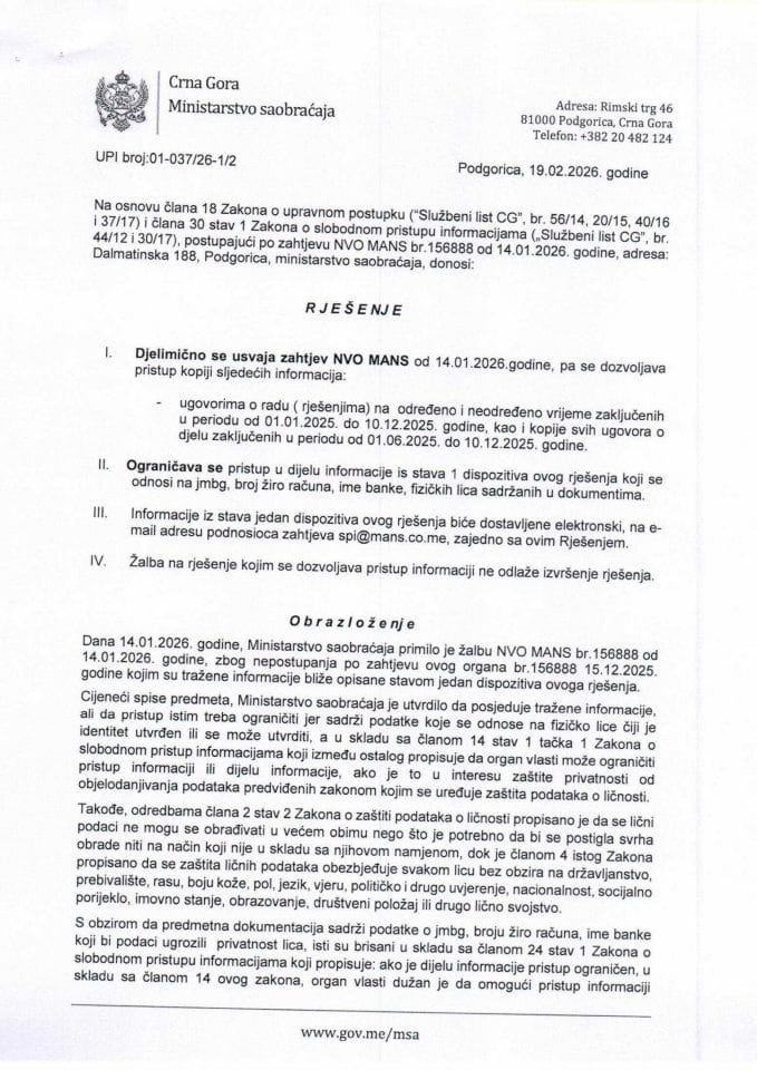 Rješenje UPI 01-037-26-1-2 od 19.02.2026. godine