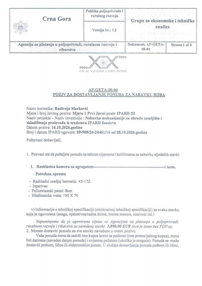 Poziv za dostavljanje ponuda Marković Radivoja..
