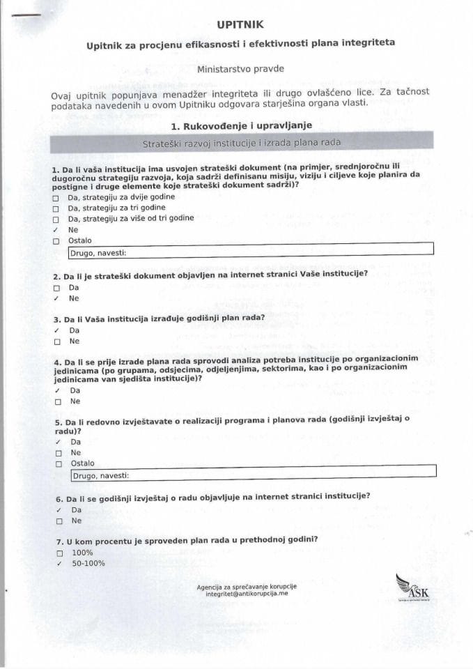 Upitnik za procjenu efikasnosti i efektivnosti plana integriteta 2026.godina