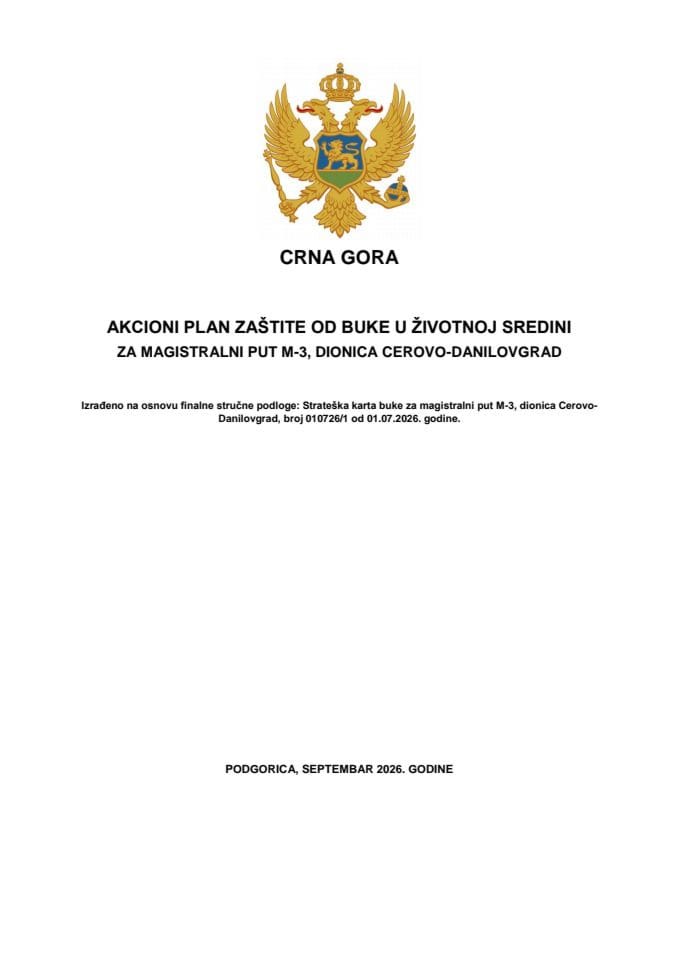 Predlog akcionog plana zaštite od buke u životnoj sredini za magistralni put M-3, dionica Cerovo – Danilovgrad