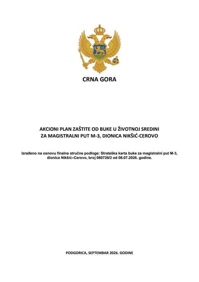 Predlog akcionog plana zaštite od buke u životnoj sredini za magistralni put M-3, dionica Nikšić – Cerovo