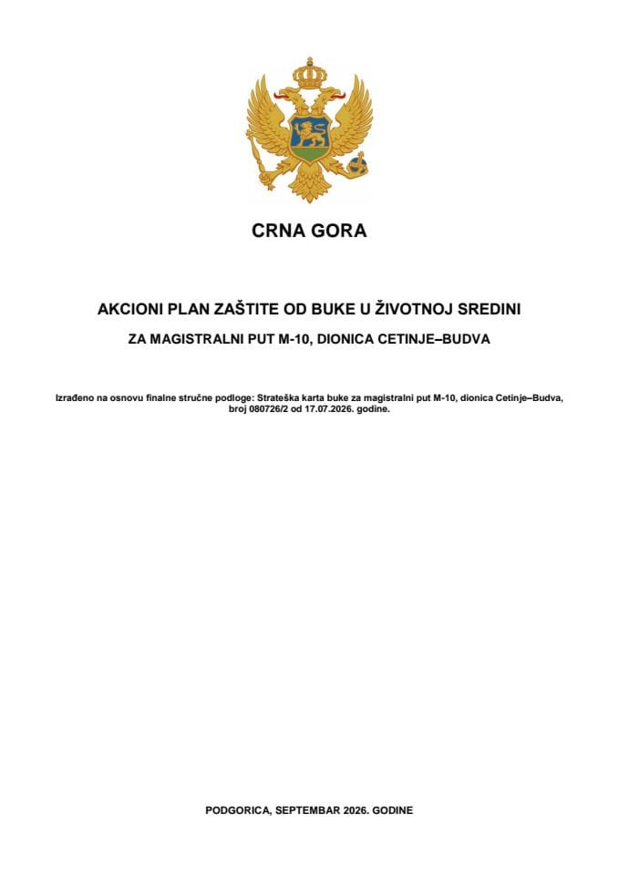 Predlog akcionog plana zaštite od buke u životnoj sredini za magistralni put M-10, dionica Cetinje – Budva
