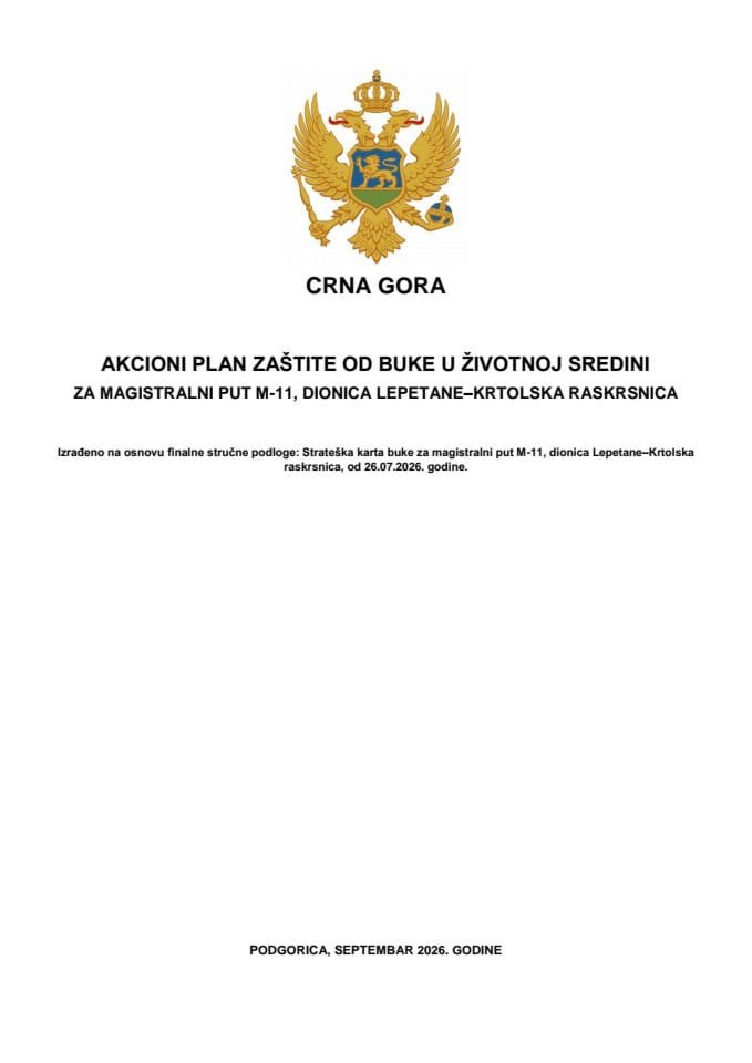Predlog akcionog plana zaštite od buke u životnoj sredini za magistralni put M-11, dionica Lepetane – Krtolska raskrsnica