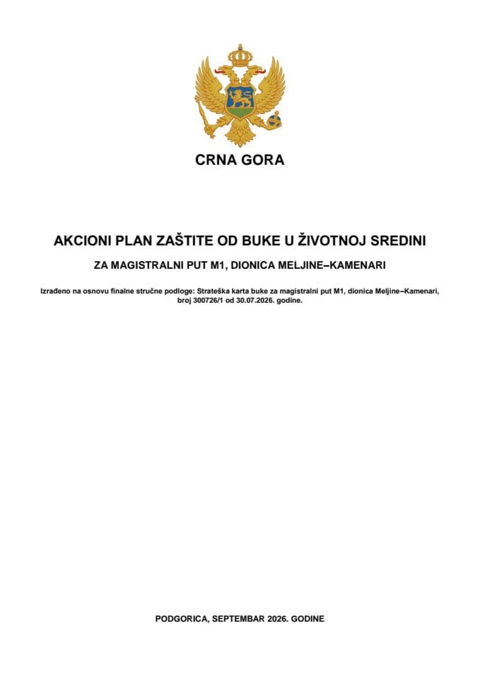 Predlog akcionog plana zaštite od buke u životnoj sredini za magistralni put M-1, dionica Meljine – Kamenari