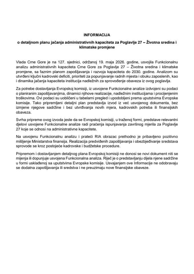 Informacija o detaljnom planu jačanja administrativnih kapaciteta za Poglavlje 27 – Životna sredina i klimatske promjene