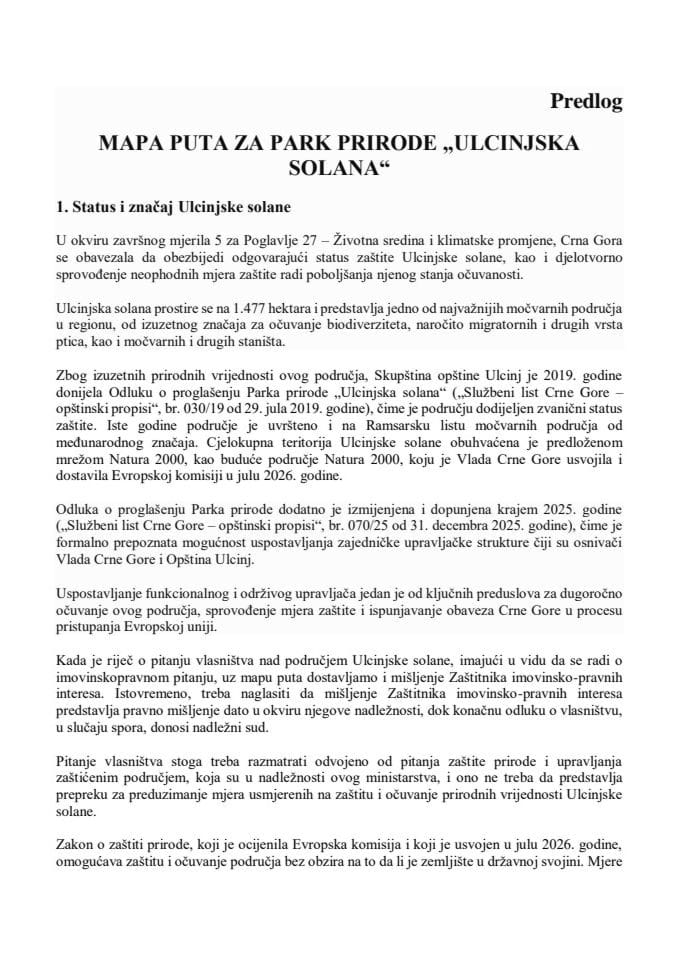 Predlog mape puta za Park prirode „Ulcinjska Solana“