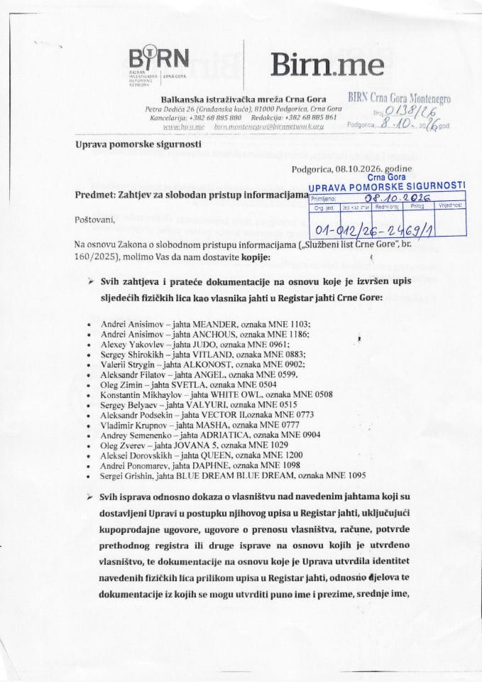 Zahtjev SPI br.0138-26 od 8.10.2026. i Rješenje  Birn
