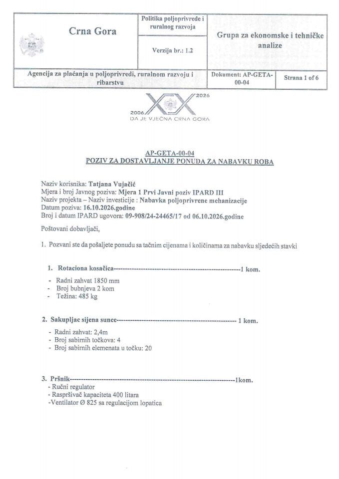 Poziv za dostavljanje ponuda Vujačić Tatjanu