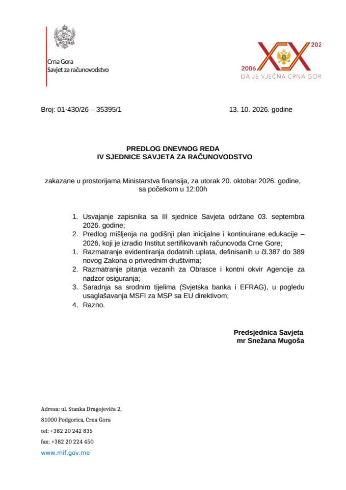 Predlog dnevnog reda četvrte sjednice Savjeta za računovodstvo