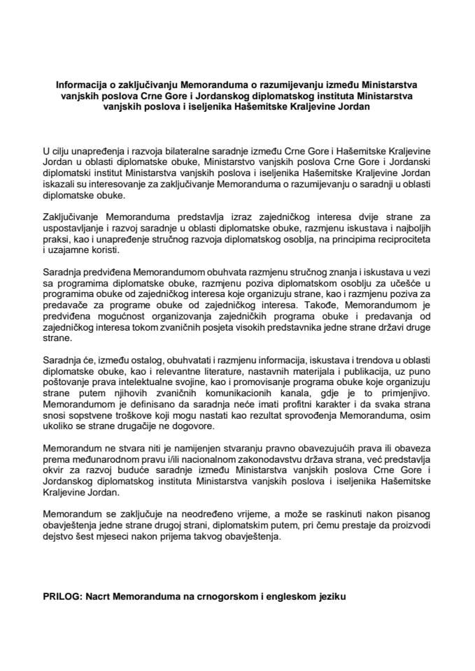 Informacija o zaključivanju Memoranduma o razumijevanju između Ministarstva vanjskih poslova Crne Gore i Jordanskog diplomatskog instituta Ministarstva vanjskih poslova i iseljenika Hašemitske Kraljevine Jordan s Predlogom memoranduma
