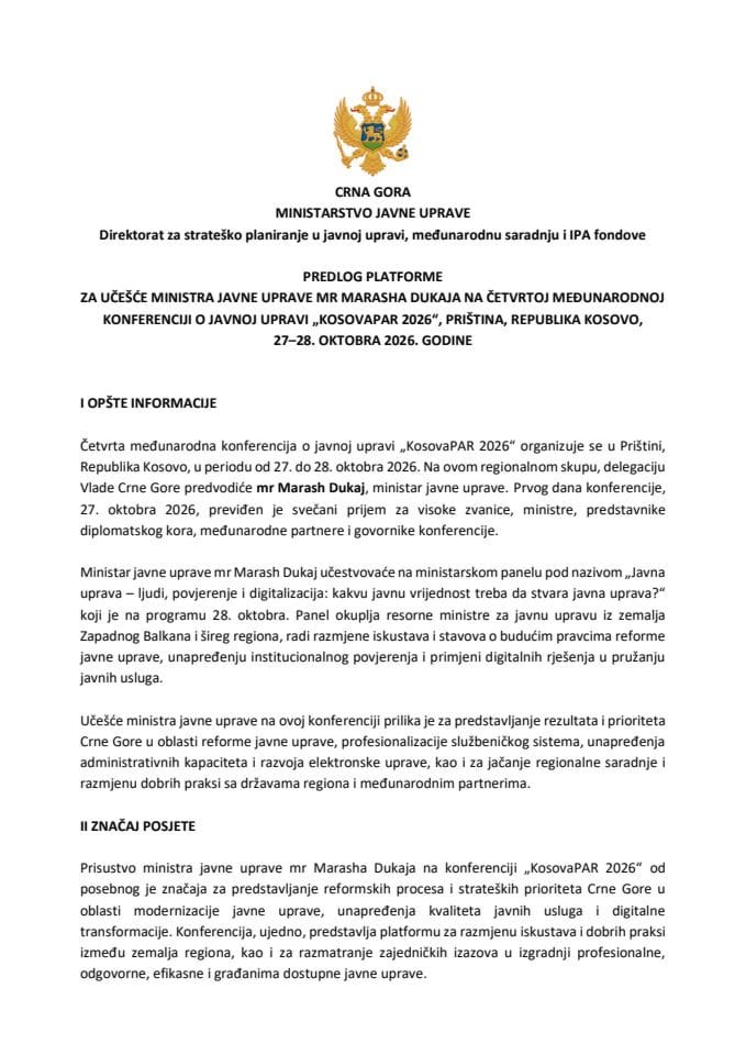 Predlog platforme za učešće ministra javne uprave mr Marasha Dukaja na Četvrtoj međunarodnoj konferenciji o javnoj upravi „KosovaPAR 2026“, Priština, Republika Kosovo, 27-28. oktobra 2026. godine