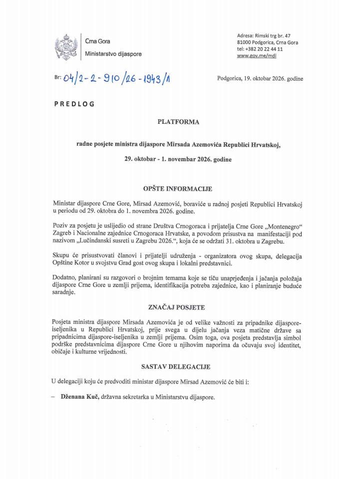 Predlog platforme radne posjete ministra dijaspore Mirsada Azemovića Republici Hrvatskoj, 29. oktobar - 1. novembar 2026. godine